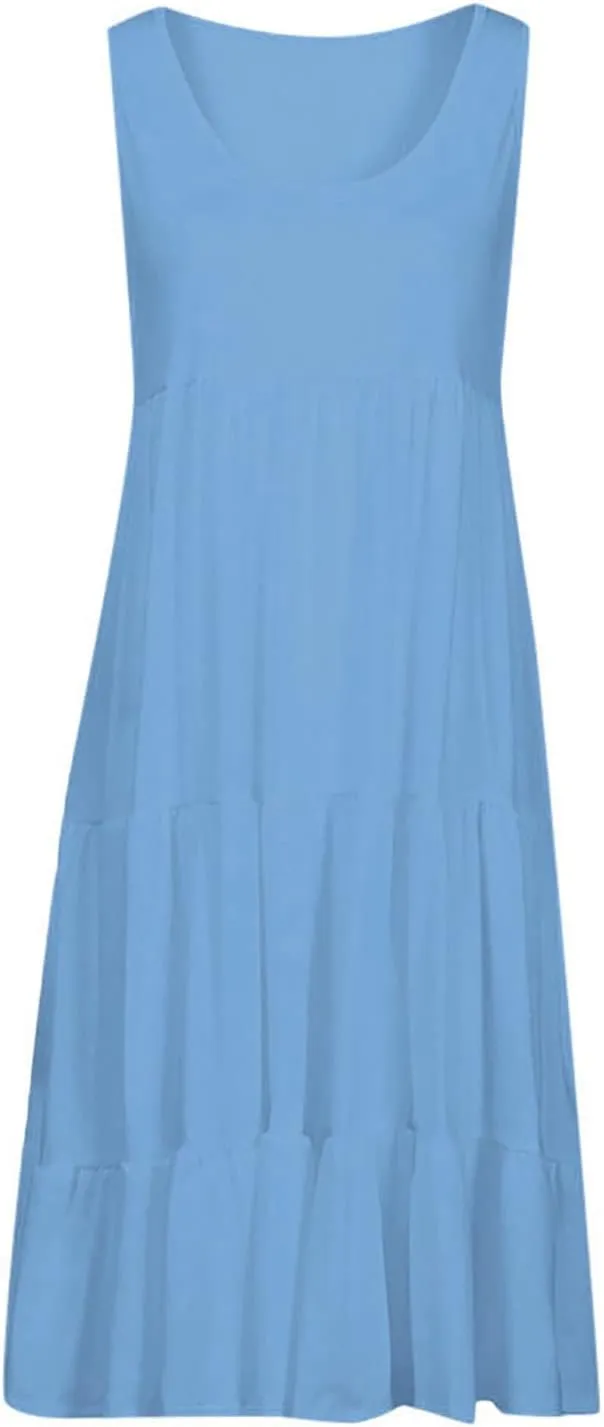 Women's Summer Sun Dresses Tiered Ruffle Sundress Scoop Neck Sleeveless Tank Dress Sexy Casual Flowy Beach