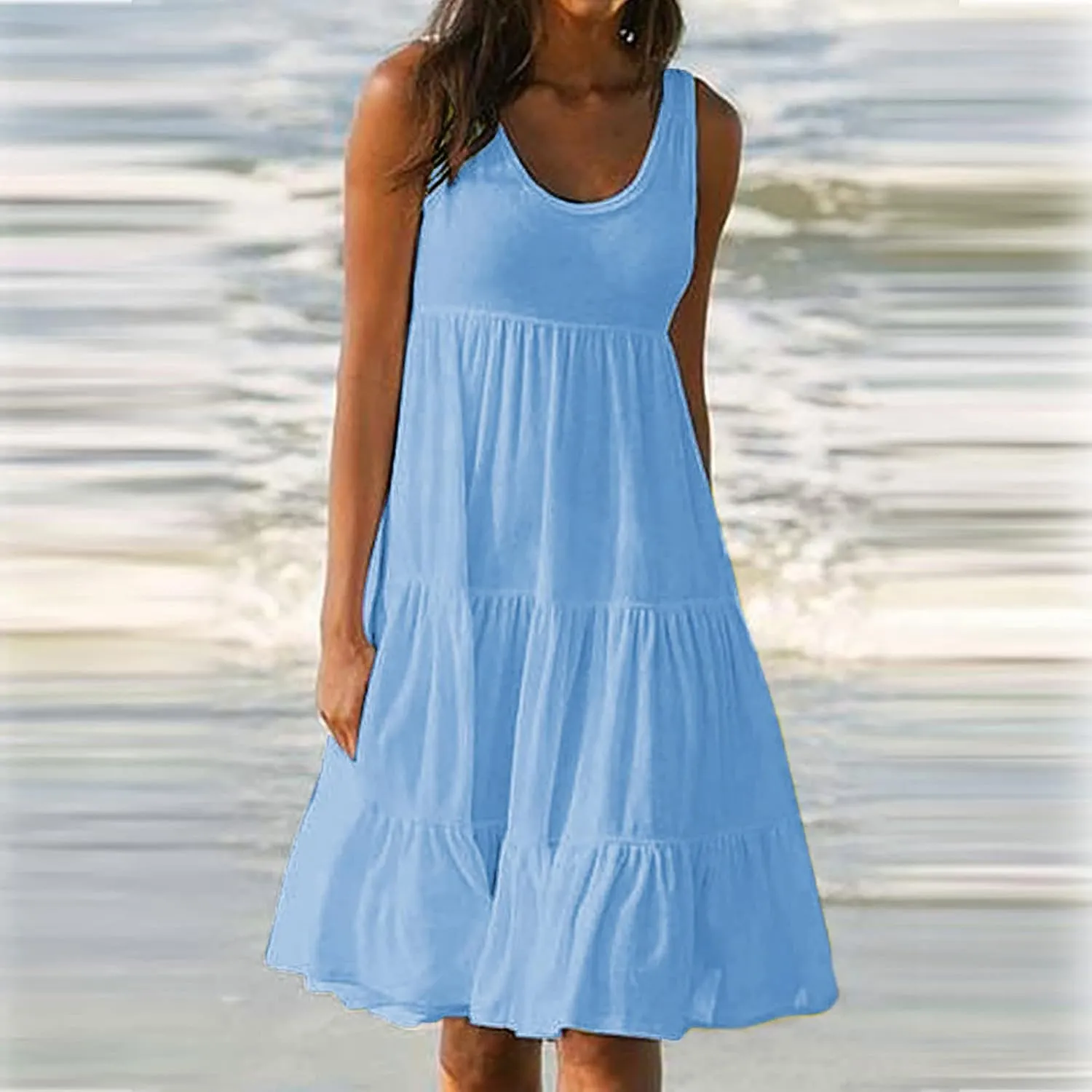 Women's Summer Sun Dresses Tiered Ruffle Sundress Scoop Neck Sleeveless Tank Dress Sexy Casual Flowy Beach