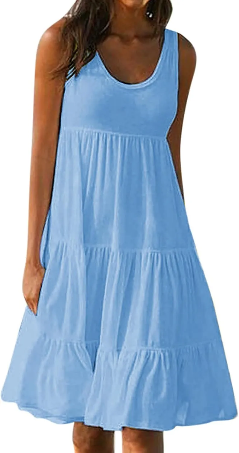 Women's Summer Sun Dresses Tiered Ruffle Sundress Scoop Neck Sleeveless Tank Dress Sexy Casual Flowy Beach