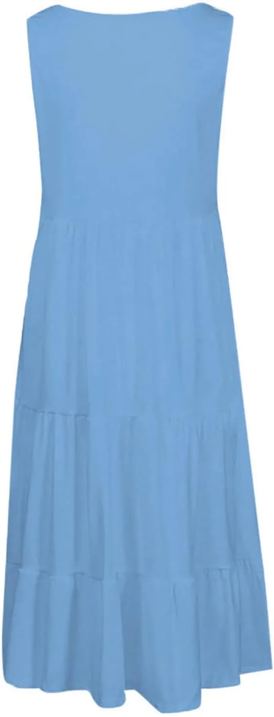 Women's Summer Sun Dresses Tiered Ruffle Sundress Scoop Neck Sleeveless Tank Dress Sexy Casual Flowy Beach
