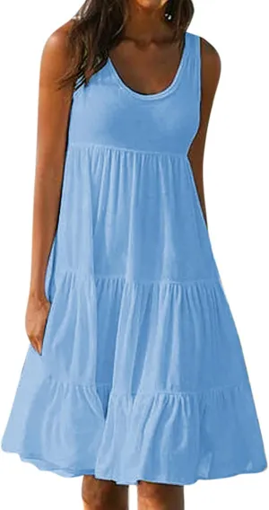 Women's Summer Sun Dresses Tiered Ruffle Sundress Scoop Neck Sleeveless Tank Dress Sexy Casual Flowy Beach