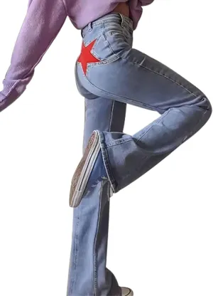 Women's Tight Fit Star Graphics Jeans Butt Liftting Denim Pants Mid Waist Stretchy Trousers