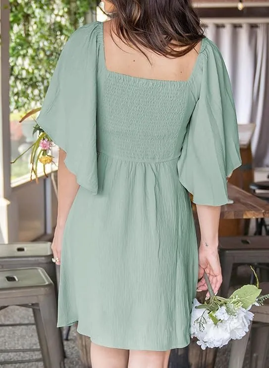 Women's V-Neck Bow Tie Short Sleeve Mini Dress Elegant Smocked Flowy A Line Dresses Summer Plus Size Sundress