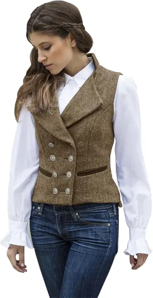 Women's Vest Herringbone Tweed Formal Double Breasted Dressy Waistcoat Sleeveless Jacket