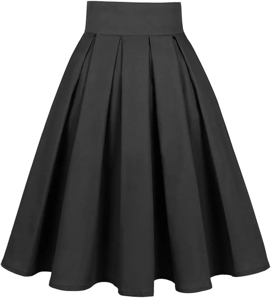 Womens Vintage Skirts High Waist Pleated Midi A-Line Casual Swing Pleated Skirt