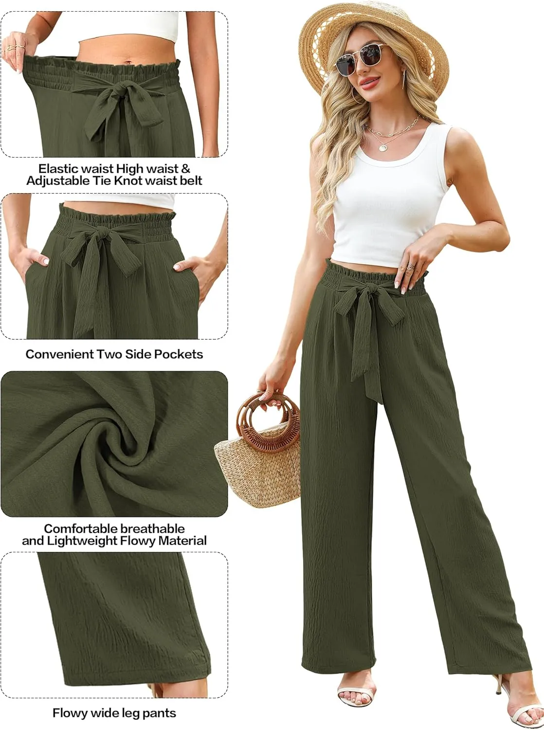 Women's Wide Leg Lounge Pants with Pockets Lightweight High Waisted Adjustable Tie Knot Loose Trousers