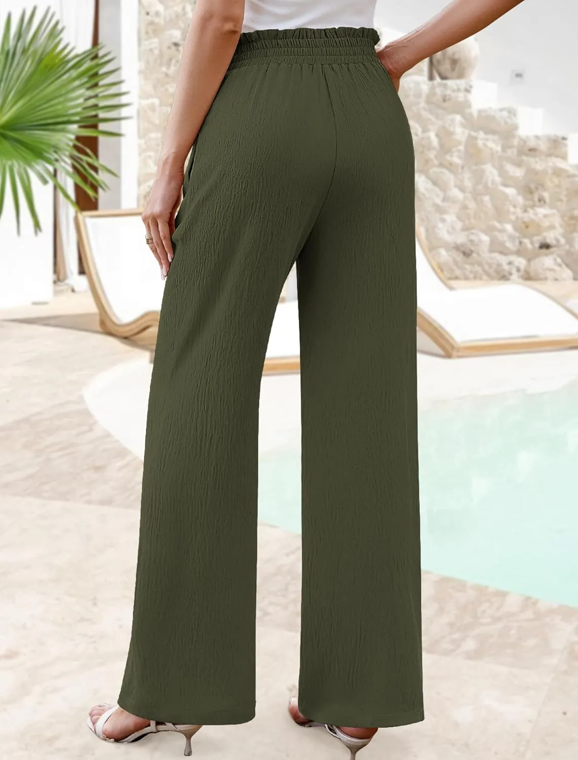 Women's Wide Leg Lounge Pants with Pockets Lightweight High Waisted Adjustable Tie Knot Loose Trousers