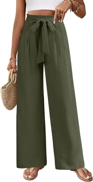 Women's Wide Leg Lounge Pants with Pockets Lightweight High Waisted Adjustable Tie Knot Loose Trousers