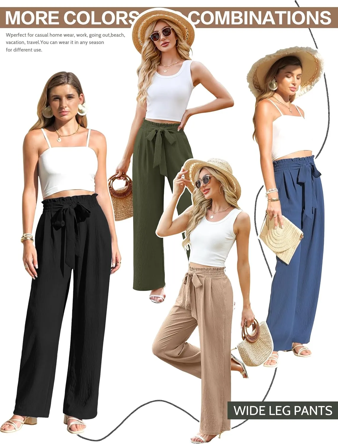 Women's Wide Leg Lounge Pants with Pockets Lightweight High Waisted Adjustable Tie Knot Loose Trousers