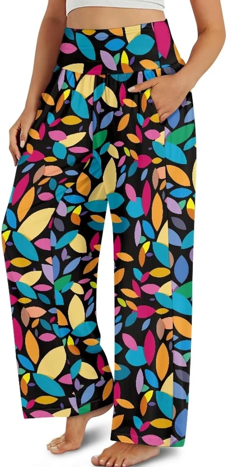 Women's Wide Leg Pants Boho Palazzo Pant High Elastic Waisted Lounge Pant Casual Beach Trousers with Pockets
