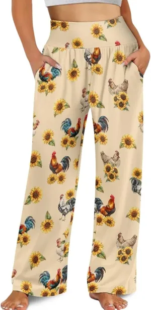 Women's Wide Leg Pants Boho Palazzo Pant High Elastic Waisted Lounge Pant Casual Beach Trousers with Pockets