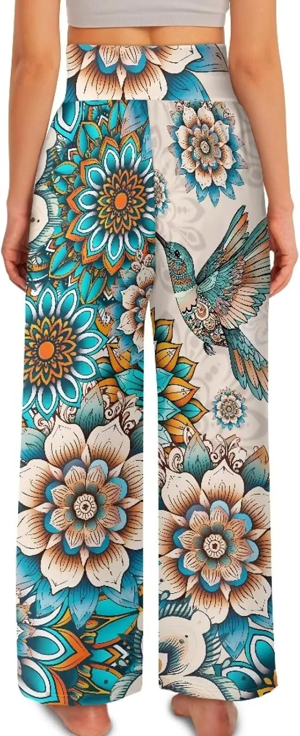 Women's Wide Leg Pants Boho Palazzo Pant High Elastic Waisted Lounge Pant Casual Beach Trousers with Pockets