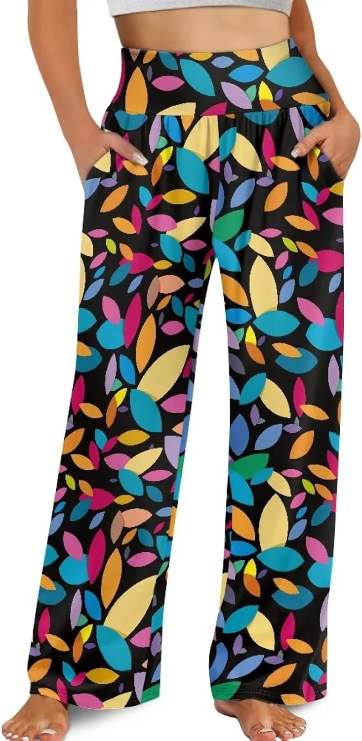 Women's Wide Leg Pants Boho Palazzo Pant High Elastic Waisted Lounge Pant Casual Beach Trousers with Pockets
