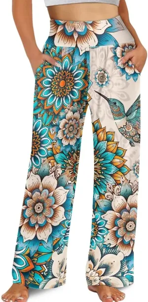 Women's Wide Leg Pants Boho Palazzo Pant High Elastic Waisted Lounge Pant Casual Beach Trousers with Pockets
