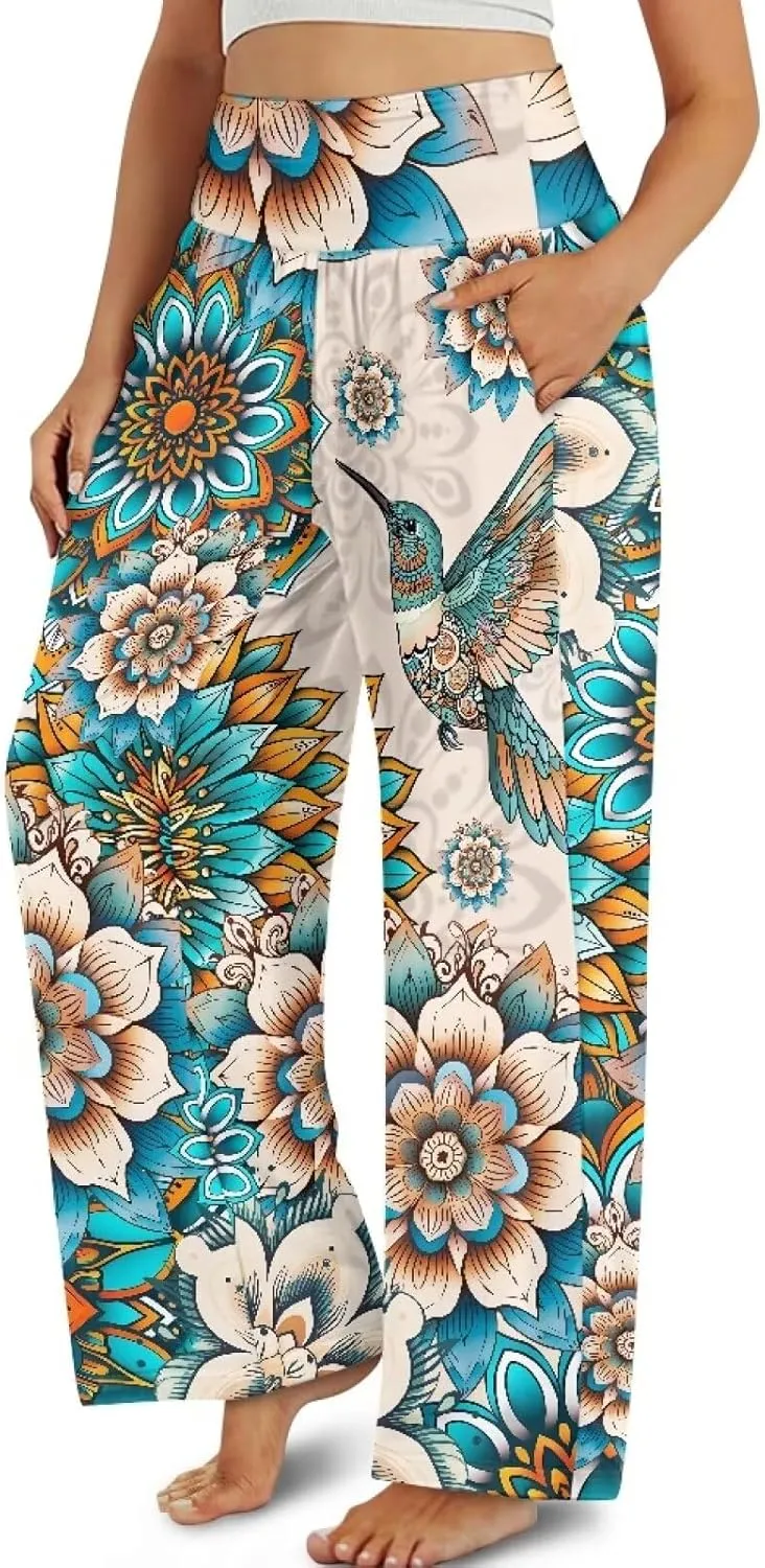 Women's Wide Leg Pants Boho Palazzo Pant High Elastic Waisted Lounge Pant Casual Beach Trousers with Pockets