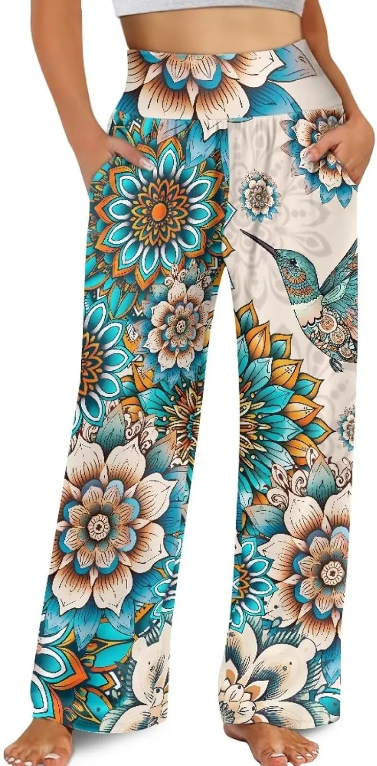 Women's Wide Leg Pants Boho Palazzo Pant High Elastic Waisted Lounge Pant Casual Beach Trousers with Pockets
