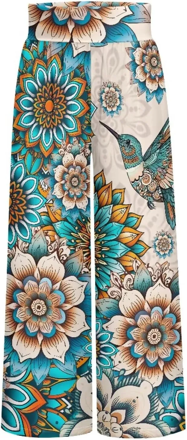 Women's Wide Leg Pants Boho Palazzo Pant High Elastic Waisted Lounge Pant Casual Beach Trousers with Pockets