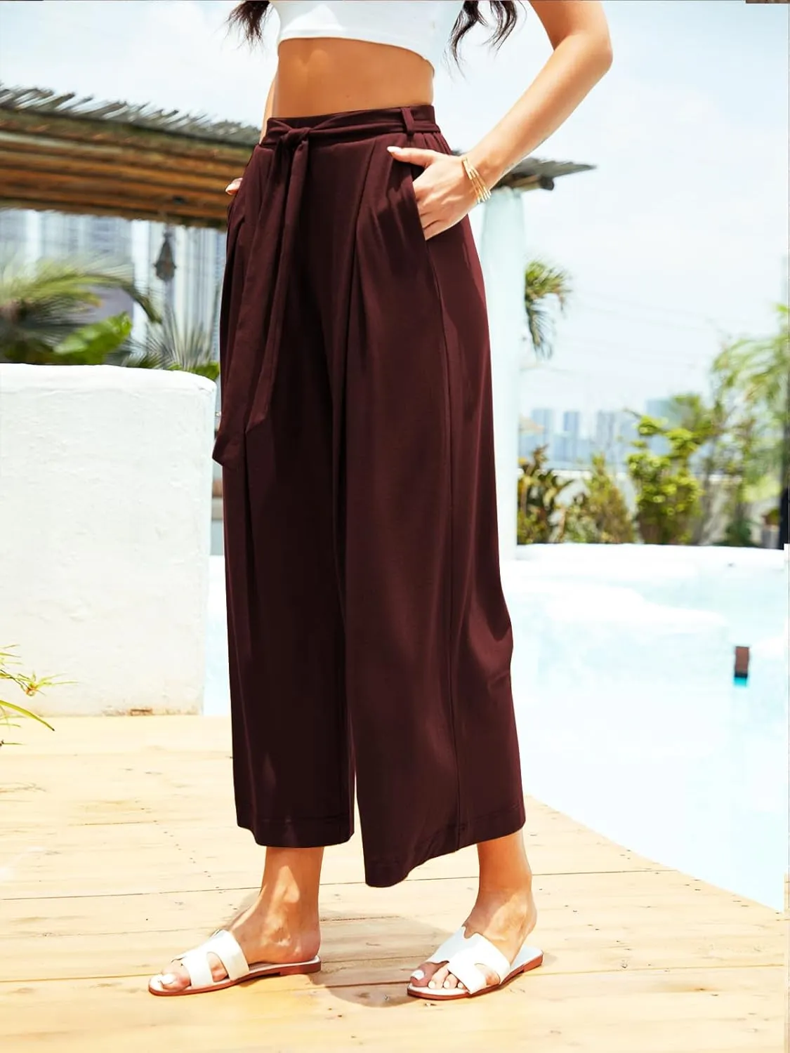 Women's Wide Leg Pants High Waisted Adjustable Tie Knot Yoga Sweatpants Comfy Lounge Pajama Flowy Pants Pockets