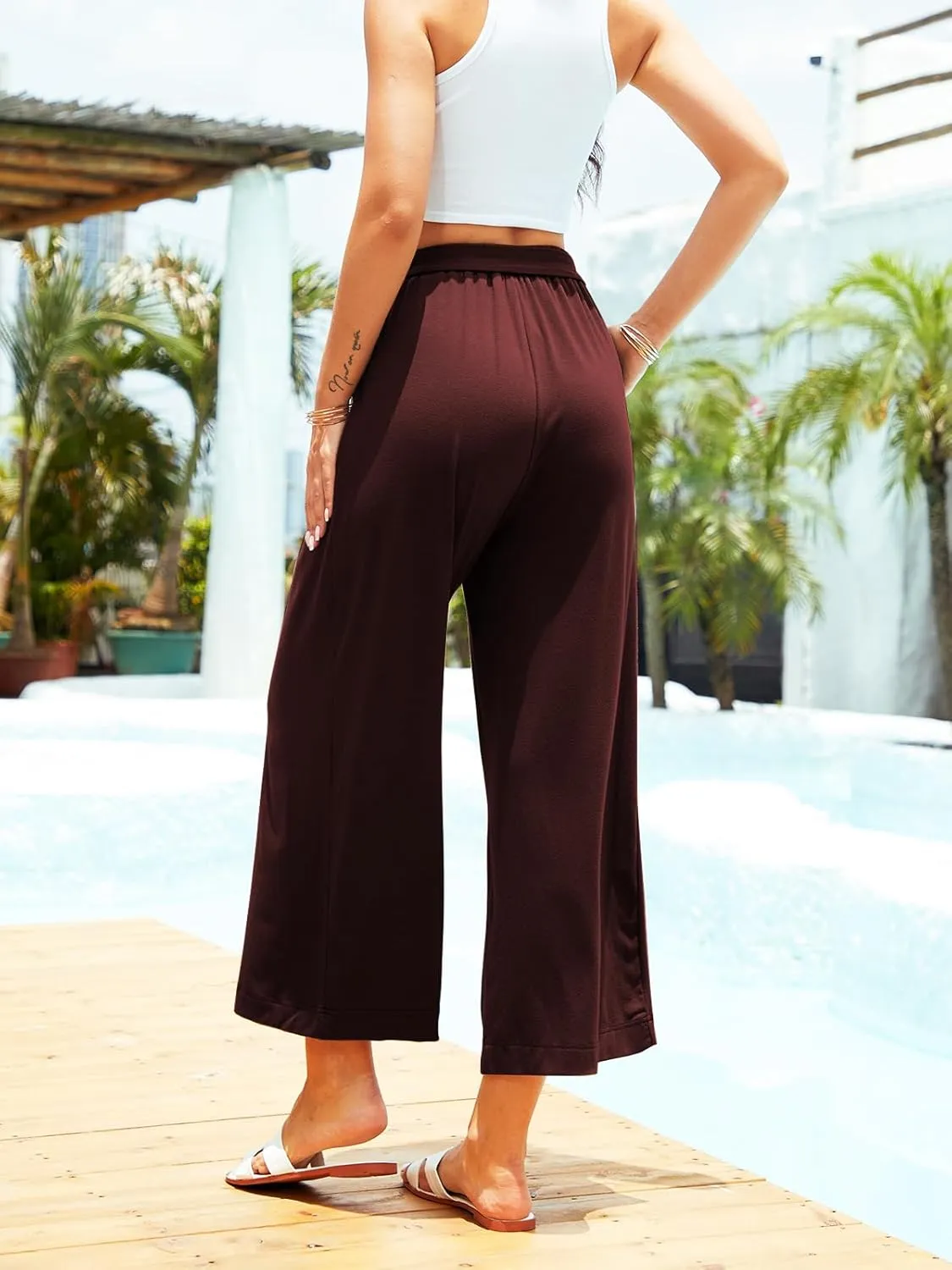Women's Wide Leg Pants High Waisted Adjustable Tie Knot Yoga Sweatpants Comfy Lounge Pajama Flowy Pants Pockets