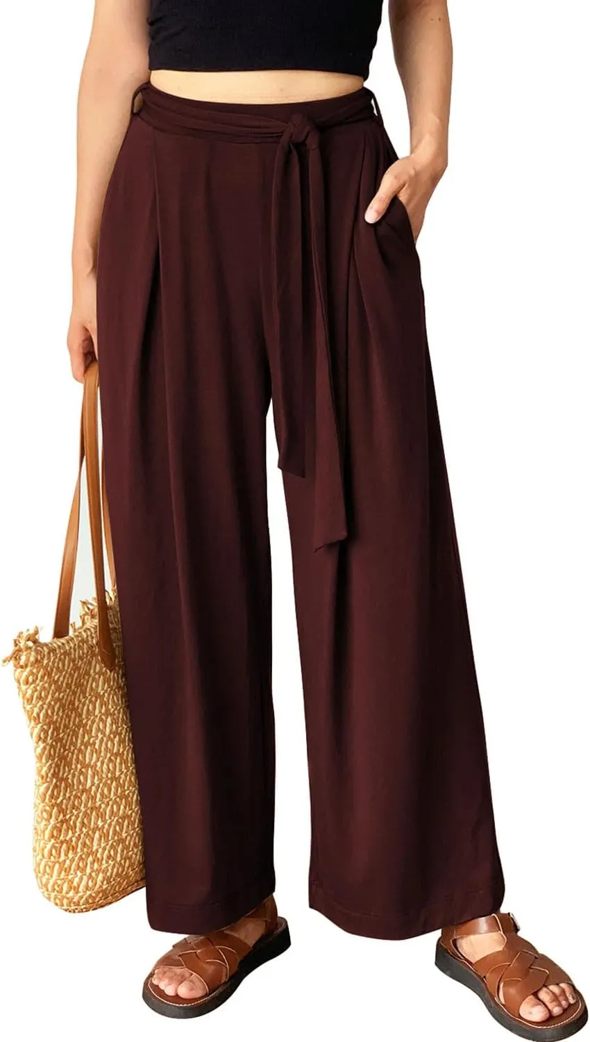 Women's Wide Leg Pants High Waisted Adjustable Tie Knot Yoga Sweatpants Comfy Lounge Pajama Flowy Pants Pockets