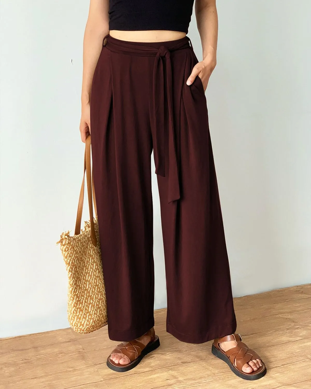 Women's Wide Leg Pants High Waisted Adjustable Tie Knot Yoga Sweatpants Comfy Lounge Pajama Flowy Pants Pockets