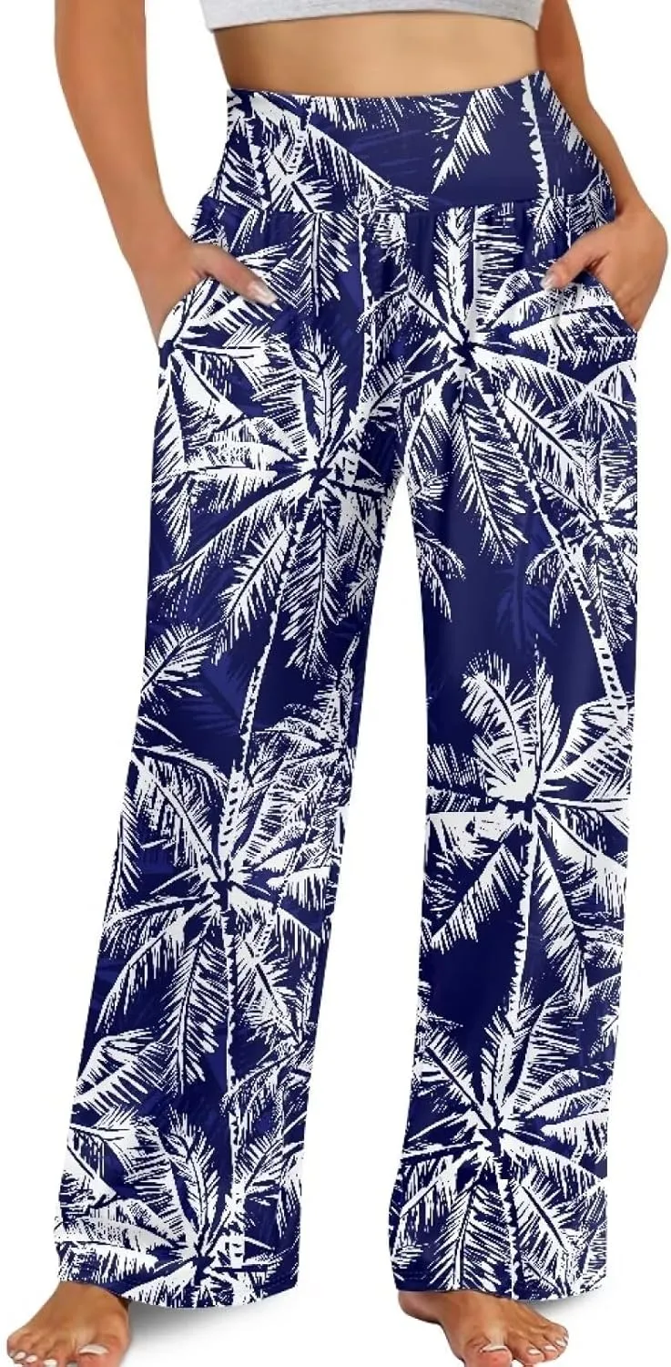 Women's Wide Leg Pants High Waisted Lounge Palazzo Pants Casual Loose Beach Pant Travel Trousers with Pockets