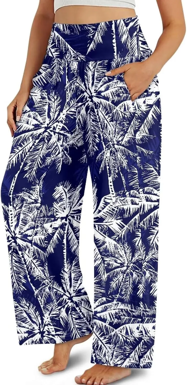 Women's Wide Leg Pants High Waisted Lounge Palazzo Pants Casual Loose Beach Pant Travel Trousers with Pockets