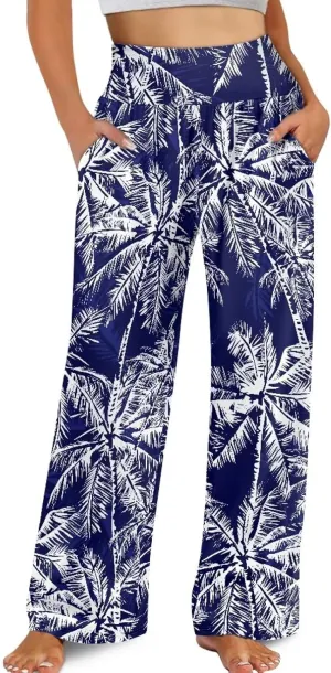 Women's Wide Leg Pants High Waisted Lounge Palazzo Pants Casual Loose Beach Pant Travel Trousers with Pockets