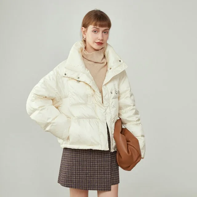 Women's Winter Black Short Stand Collar Down Jackets  Fashion Casual Bread Jacket Women Apricot Loose Down Coats