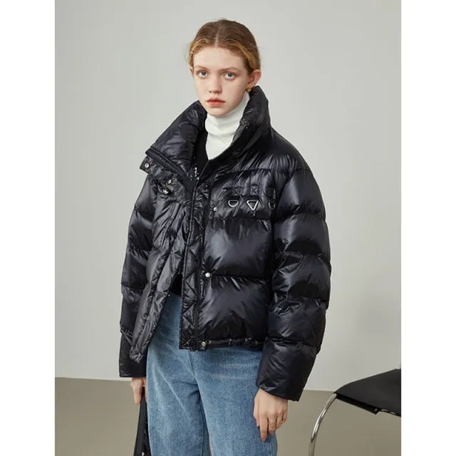 Women's Winter Black Short Stand Collar Down Jackets  Fashion Casual Bread Jacket Women Apricot Loose Down Coats