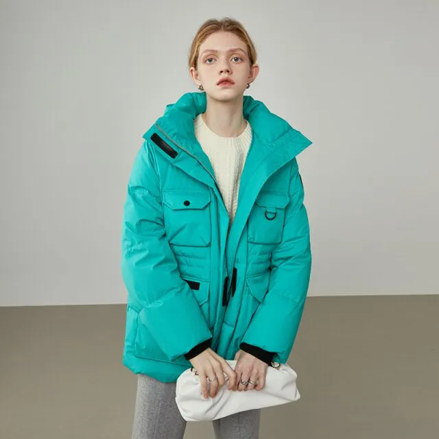 Women's Winter Heat Preservation Goose Down Jacket Pocket Design Stand-up Collar White Down Coat Lake Blue Warm Coats