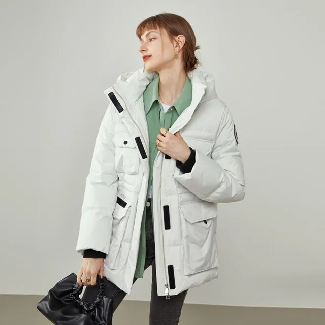 Women's Winter Heat Preservation Goose Down Jacket Pocket Design Stand-up Collar White Down Coat Lake Blue Warm Coats