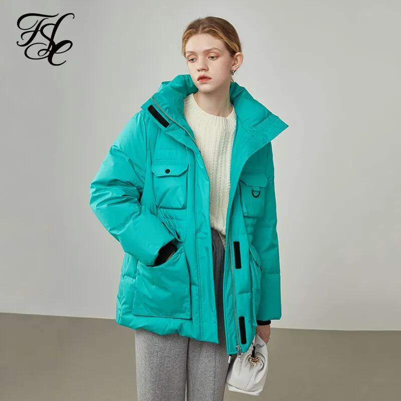 Women's Winter Heat Preservation Goose Down Jacket Pocket Design Stand-up Collar White Down Coat Lake Blue Warm Coats