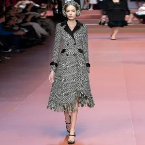 Women's Woolen Plaid Double Breasted Leather Collar Long Coat