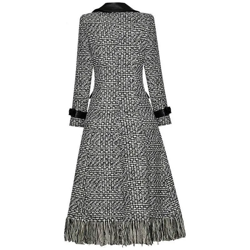 Women's Woolen Plaid Double Breasted Leather Collar Long Coat
