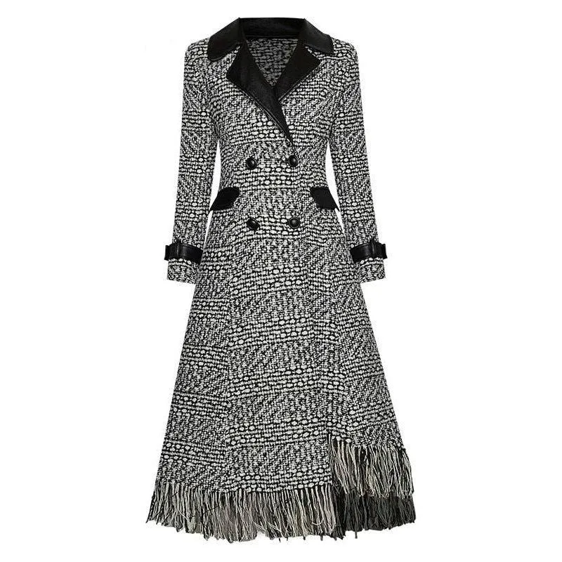 Women's Woolen Plaid Double Breasted Leather Collar Long Coat
