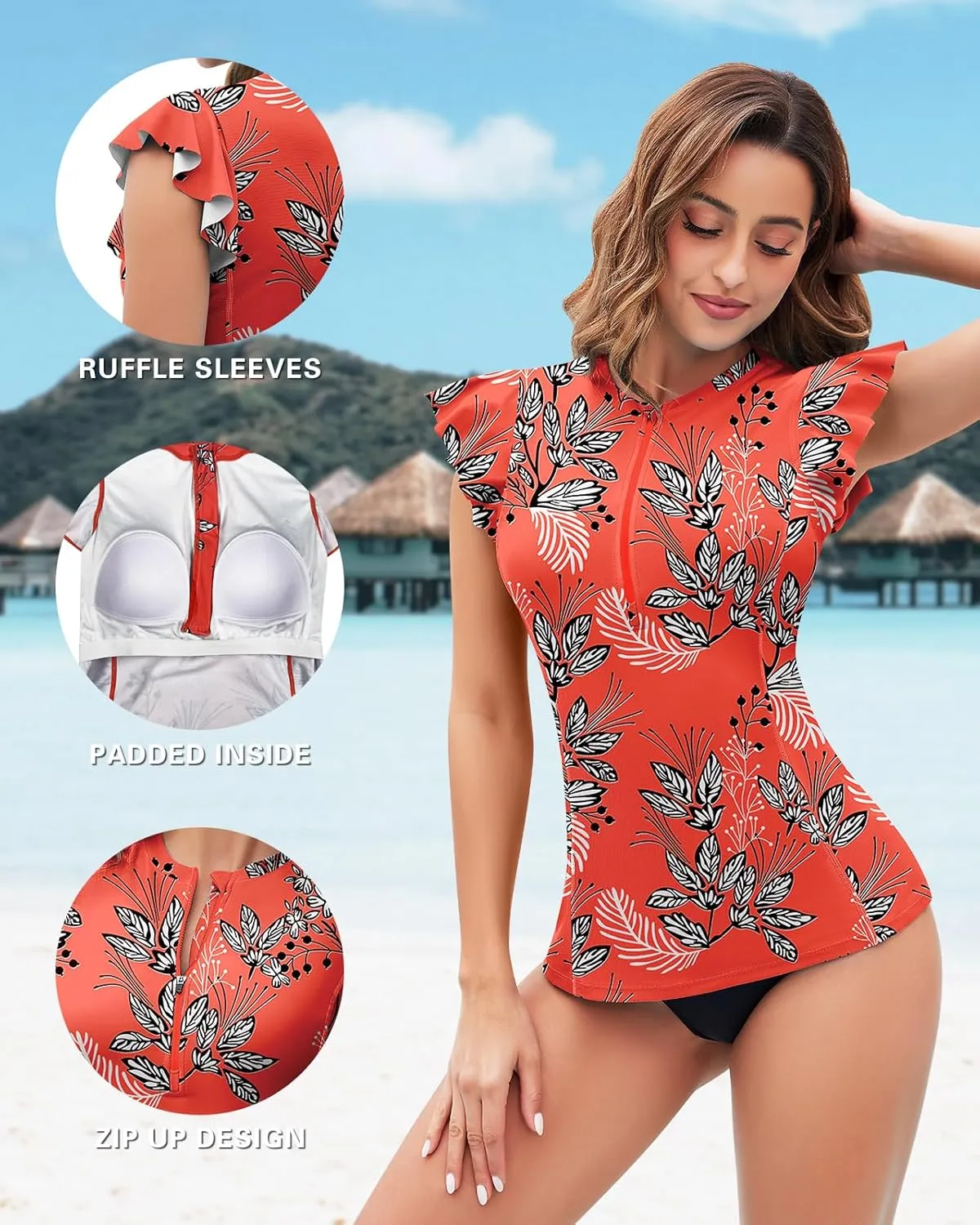 WOWENY Womens Padded Rash Guard Short Sleeve Swim Shirts 1/4 Zip UPF 50 Sun Protection Swimsuit Tankini Bathing Suit Top
