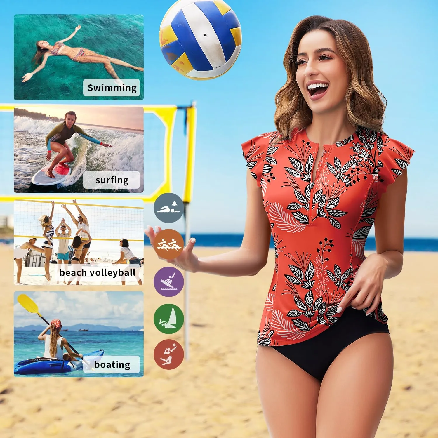 WOWENY Womens Padded Rash Guard Short Sleeve Swim Shirts 1/4 Zip UPF 50 Sun Protection Swimsuit Tankini Bathing Suit Top