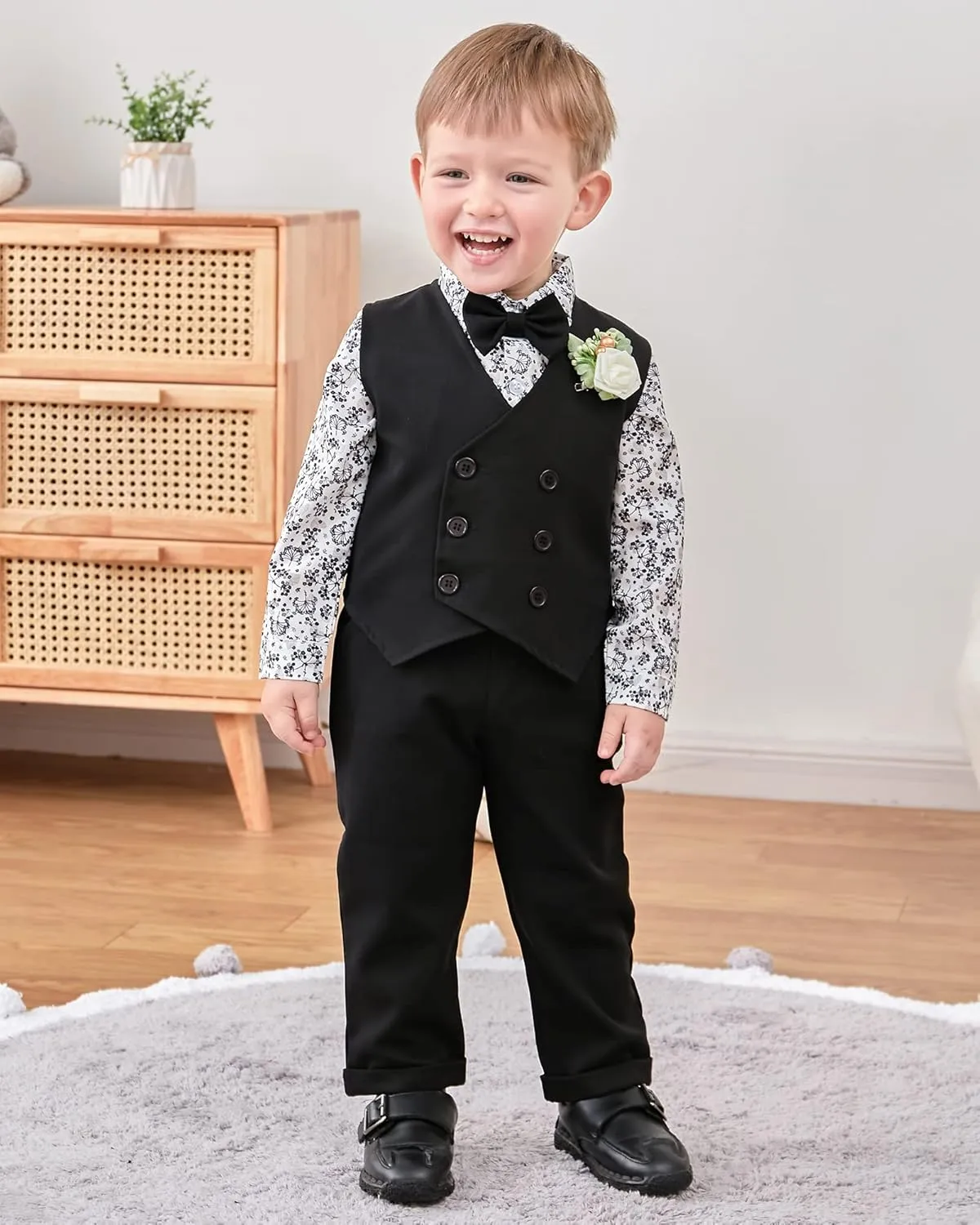 YALLET Toddler Baby Boy Clothes Suit Gentleman Wedding Outfits, Formal Dress Shirt Bowtie Vest Boutonniere Suspender Pants