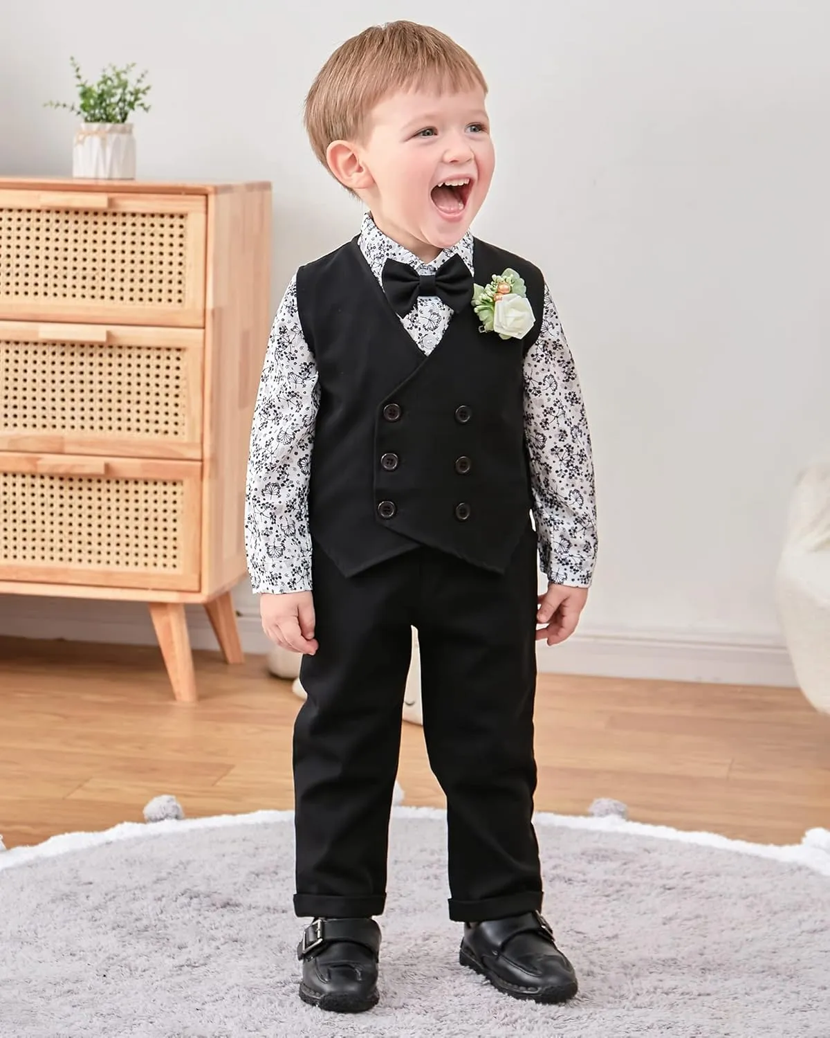 YALLET Toddler Baby Boy Clothes Suit Gentleman Wedding Outfits, Formal Dress Shirt Bowtie Vest Boutonniere Suspender Pants