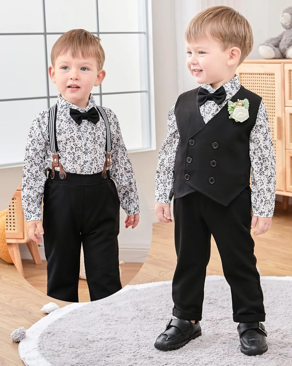 YALLET Toddler Baby Boy Clothes Suit Gentleman Wedding Outfits, Formal Dress Shirt Bowtie Vest Boutonniere Suspender Pants