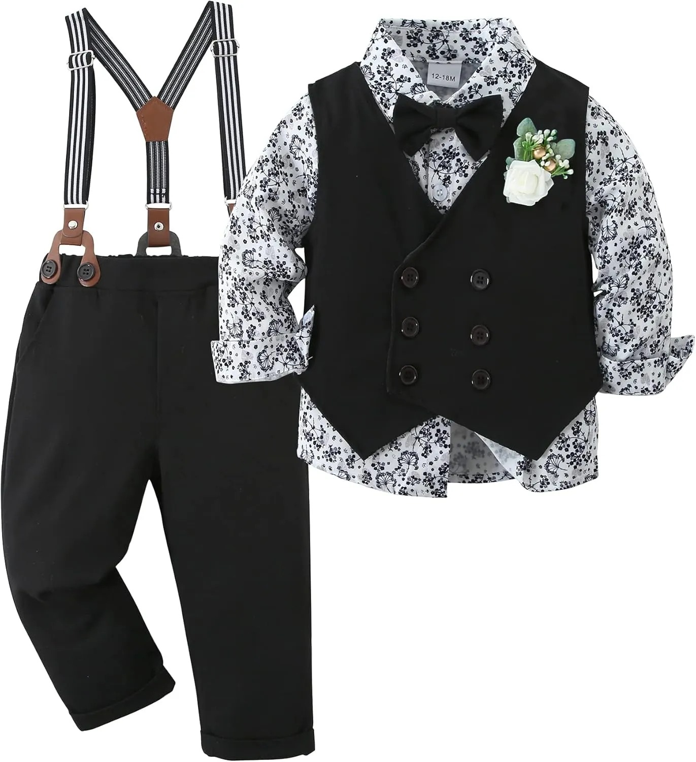YALLET Toddler Baby Boy Clothes Suit Gentleman Wedding Outfits, Formal Dress Shirt Bowtie Vest Boutonniere Suspender Pants