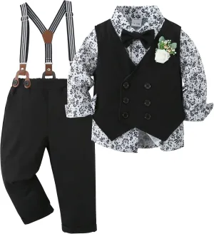 YALLET Toddler Baby Boy Clothes Suit Gentleman Wedding Outfits, Formal Dress Shirt Bowtie Vest Boutonniere Suspender Pants