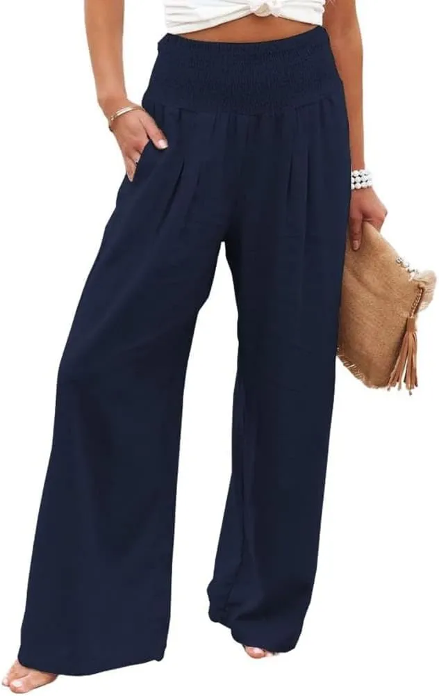 yoeasy Women Summer High Waisted Cotton Linen Palazzo Pants Wide Leg Long Trousers with Pocket