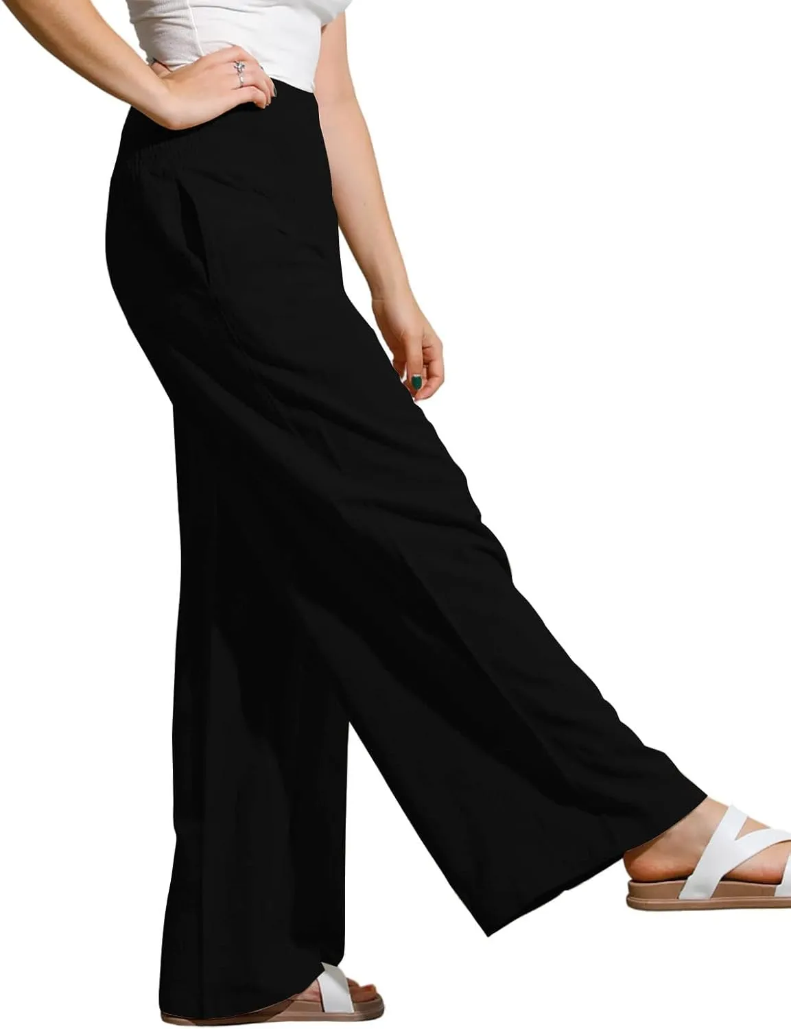 yoeasy Women Summer High Waisted Cotton Linen Palazzo Pants Wide Leg Long Trousers with Pocket