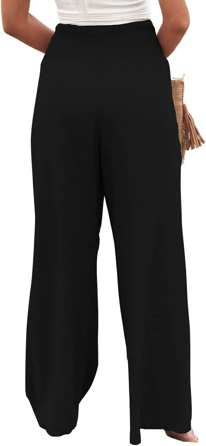 yoeasy Women Summer High Waisted Cotton Linen Palazzo Pants Wide Leg Long Trousers with Pocket