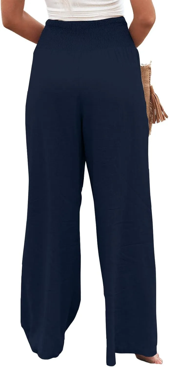yoeasy Women Summer High Waisted Cotton Linen Palazzo Pants Wide Leg Long Trousers with Pocket