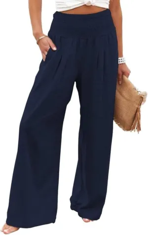 yoeasy Women Summer High Waisted Cotton Linen Palazzo Pants Wide Leg Long Trousers with Pocket