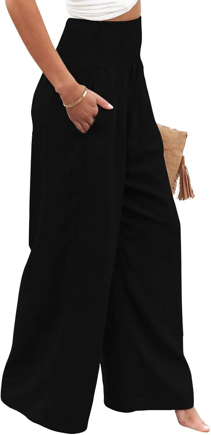 yoeasy Women Summer High Waisted Cotton Linen Palazzo Pants Wide Leg Long Trousers with Pocket