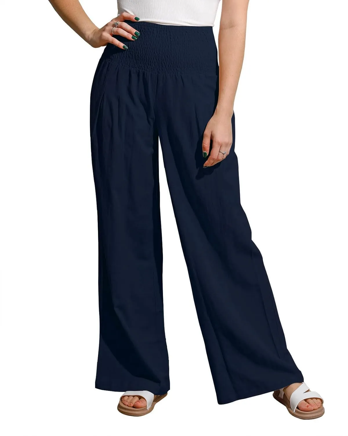 yoeasy Women Summer High Waisted Cotton Linen Palazzo Pants Wide Leg Long Trousers with Pocket